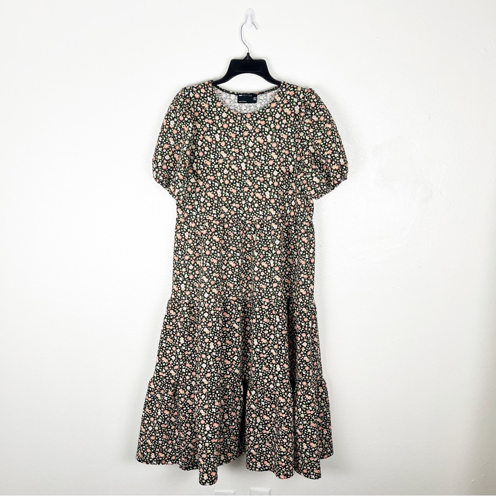 ASOS Design Black Ditsy Floral Print Puff Sleeves Tiered Smocked Dress 6 Boho